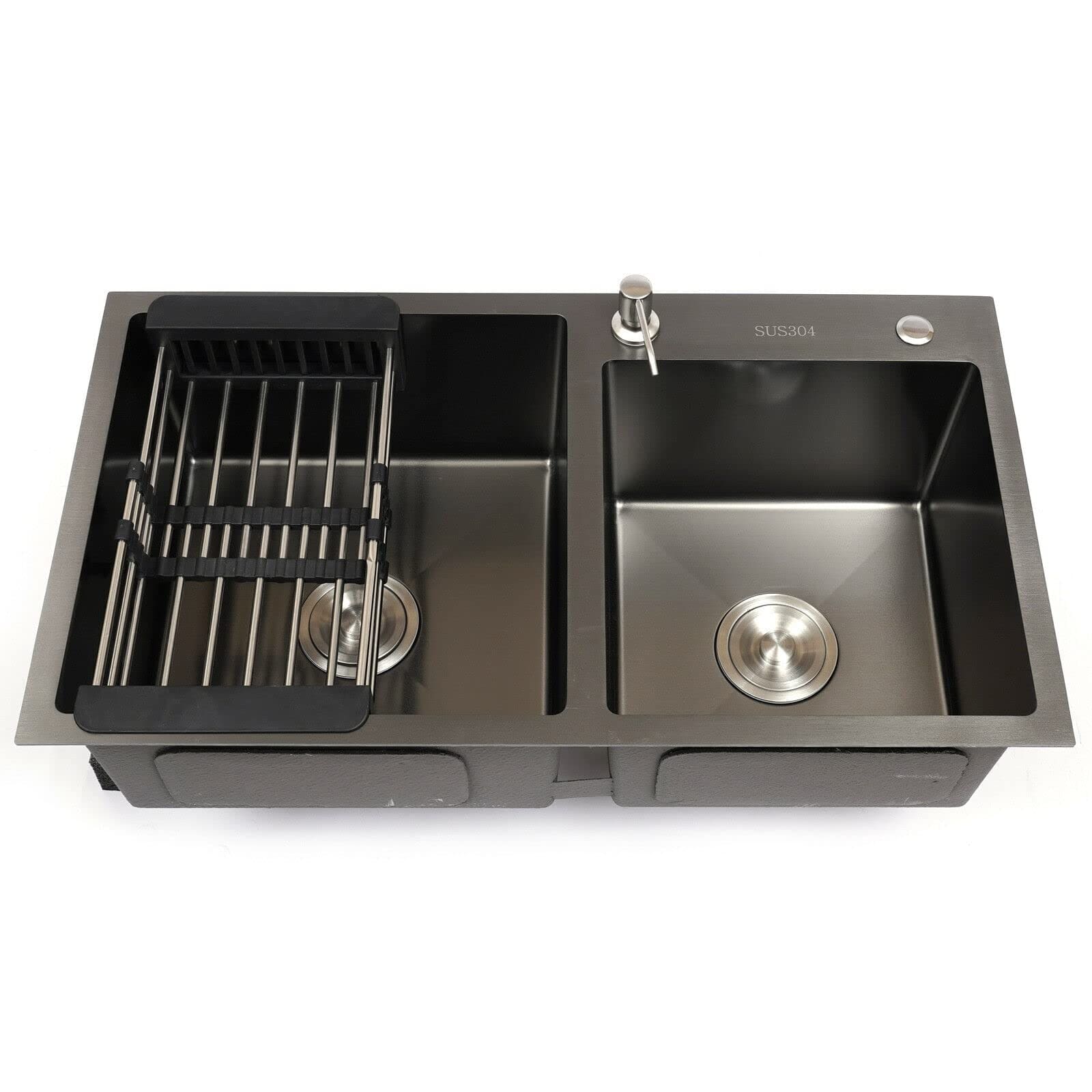 Évier de cuisine double cuve en acier inoxydable (Inox) noir nano avec panier d'égouttage réglable