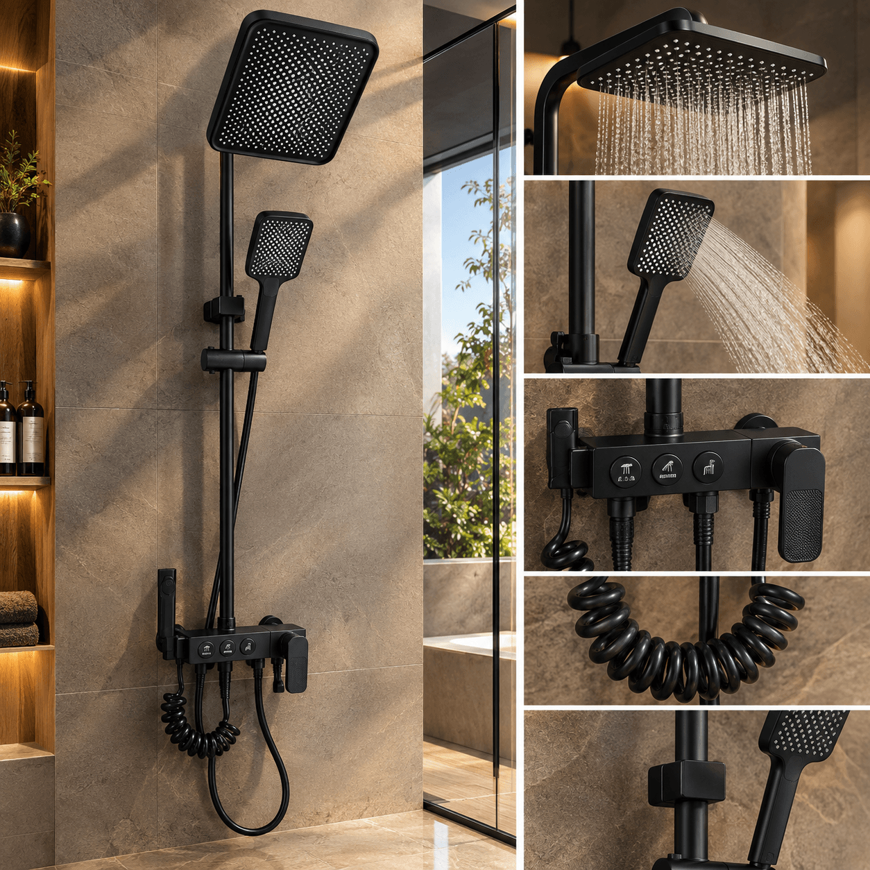 Colonne de douche multifonctionnelle noire mate avec mitigeur à 4 boutons et douchette latérale