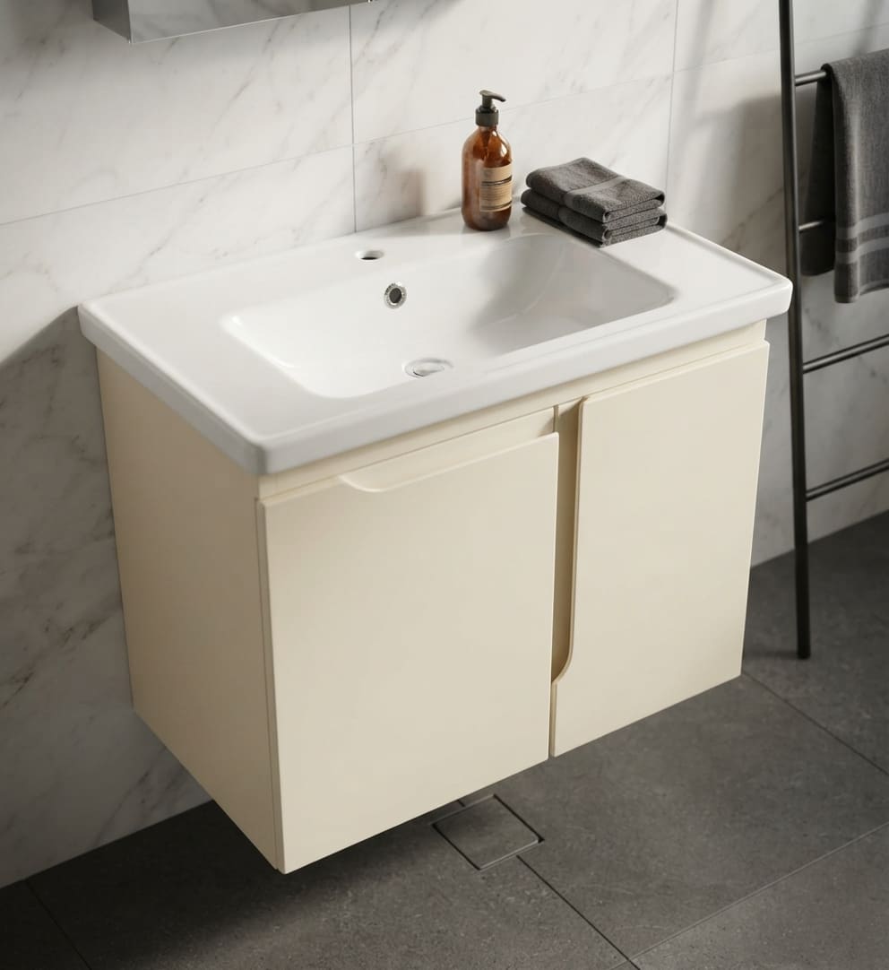 Ensemble Meuble Vasque Suspendu 65x45cm  | Série Beige Crème & Poignées Intégrées Design
