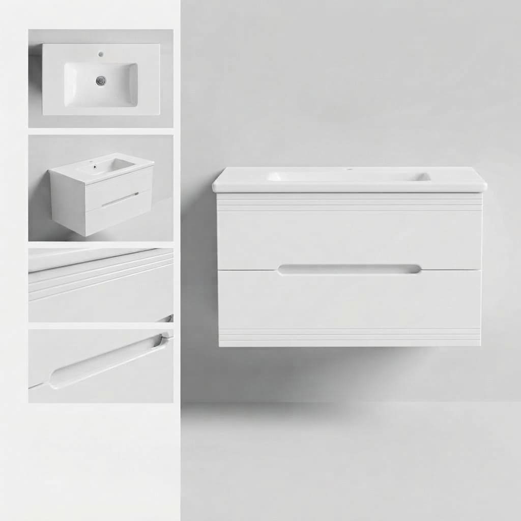 Ensemble Meuble Vasque Suspendu 80 cm| Série Lignes Gravées Blanc
