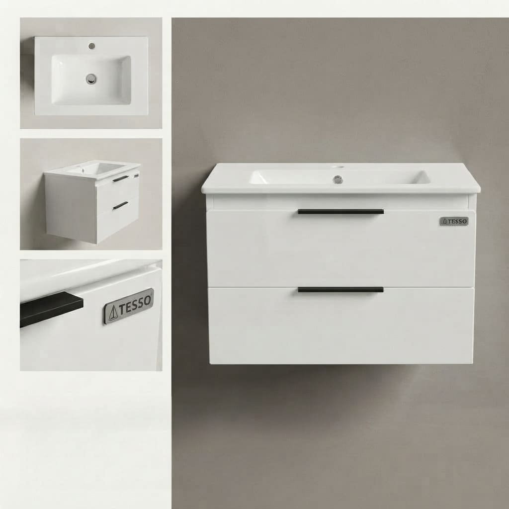 Ensemble Meuble Vasque Suspendu 60cm  | Série Tesso Blanc et Noir Mat