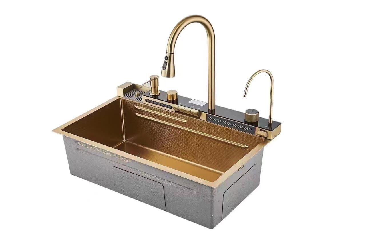 Évier de Cuisine Multifonction Premium – Finition Or & Gris Moderne