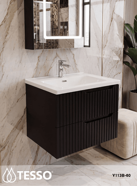 Meuble de Salle de Bain Suspendu Tassauté/Cannelé 60 cm – TESSO Série Y113-60 (Disponible en Blanc et Noir)   