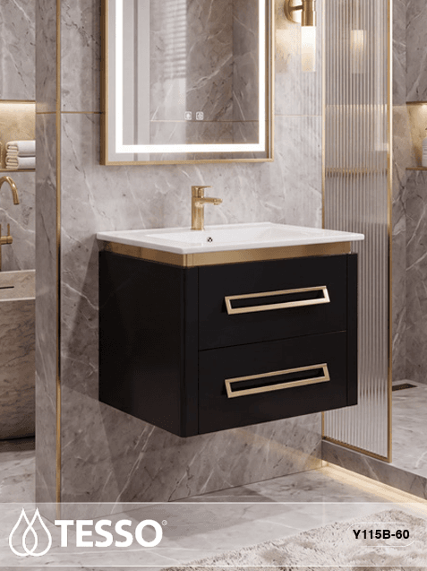 Meuble de Salle de Bain Suspendu 60 cm Finition Dorée – TESSO Série Y115-60 (Disponible en Blanc et Noir)   